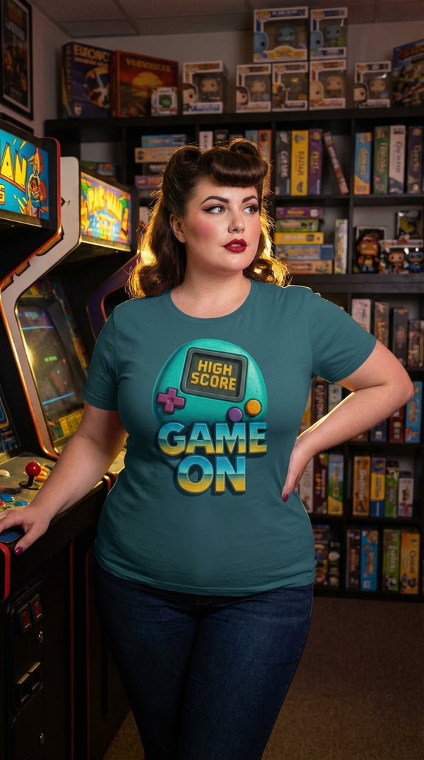 Organic Cotton Game On Tee - Retro Plus Arcade in Local Game Store - Kitchen Table Legend