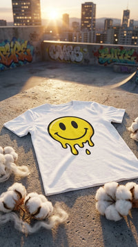 Organic Cotton T‑shirt – Unisex Dripping Smiley Face Tee - GOTS Certification Hero in Rooftop Skatepark - Eco-Aesthetic Lifestyle