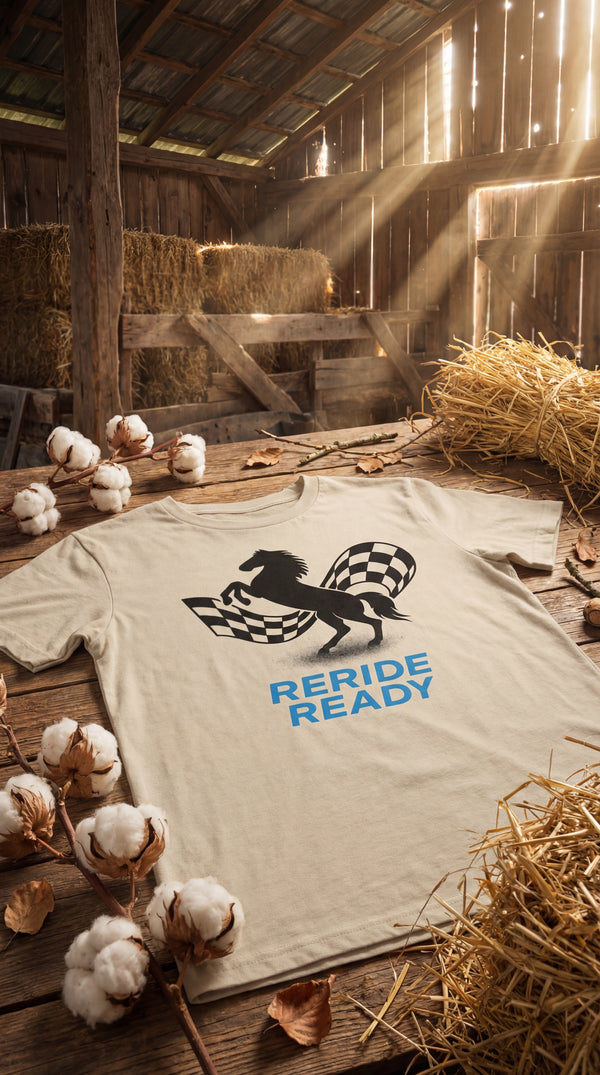 Reride Ready T-Shirt – Racing Spirit Cowboy Tee with Checkered Flags - GOTS Certification Hero in Rustic Barn - 90s Retro Sustainable