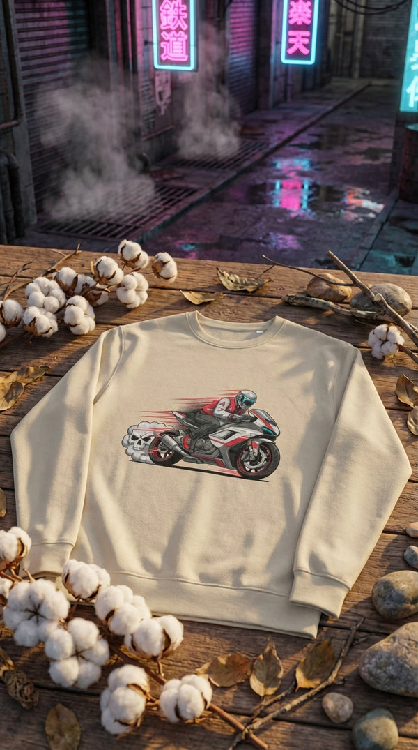 Retro Moto Racer Organic Sweatshirt - GOTS Certification Hero in Cyberpunk Slum - 90s Retro Sustainable