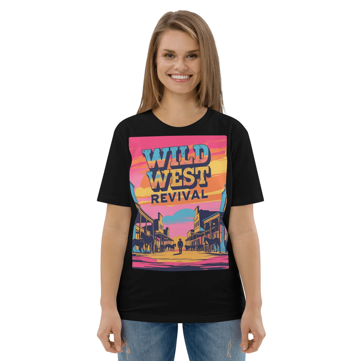Wild West Revival T-Shirt - Retro Cowboy Graphic Organic Tee - Design Delight Studio