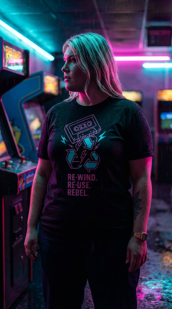 Unisex Organic Rewind Cassette Tee - Cyberpunk Plus in Neon Arcade Alley - 90s Grunge Revival