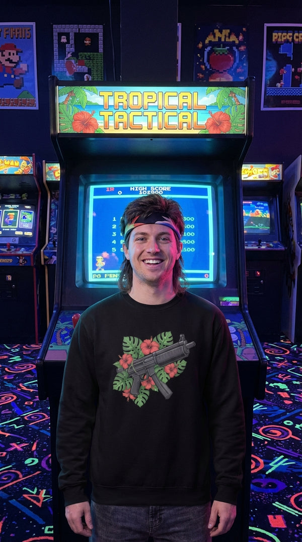 Tropical Tactical MP5 Organic Sweatshirt - Arcade Champion in Neon Arcade Alley - 90s Retro Sustainable