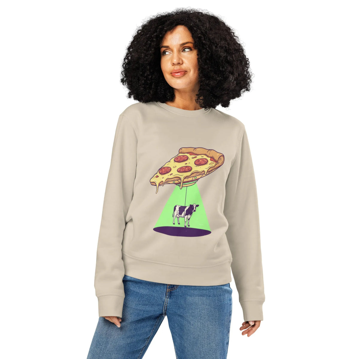 Pizza UFO Cow Abduction Organic Crewneck Sweatshirt - Sustainable Organic Design | Primary Mockup Front View
