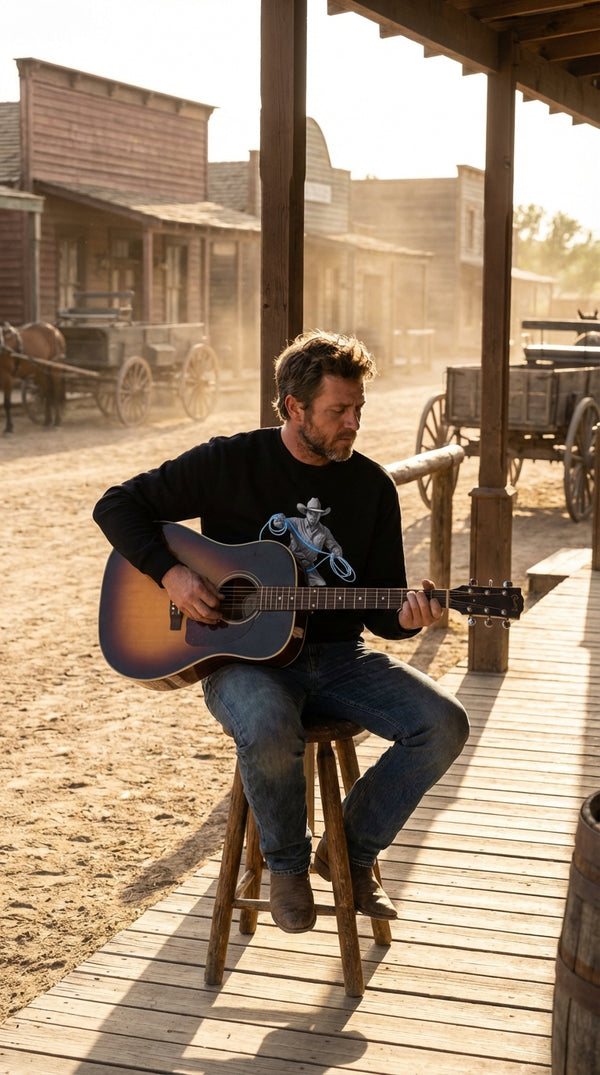 Neon Lasso Cowboy Organic Cotton Sweatshirt - Acoustic Guitarist in Western Town - Eco-Aesthetic Lifestyle