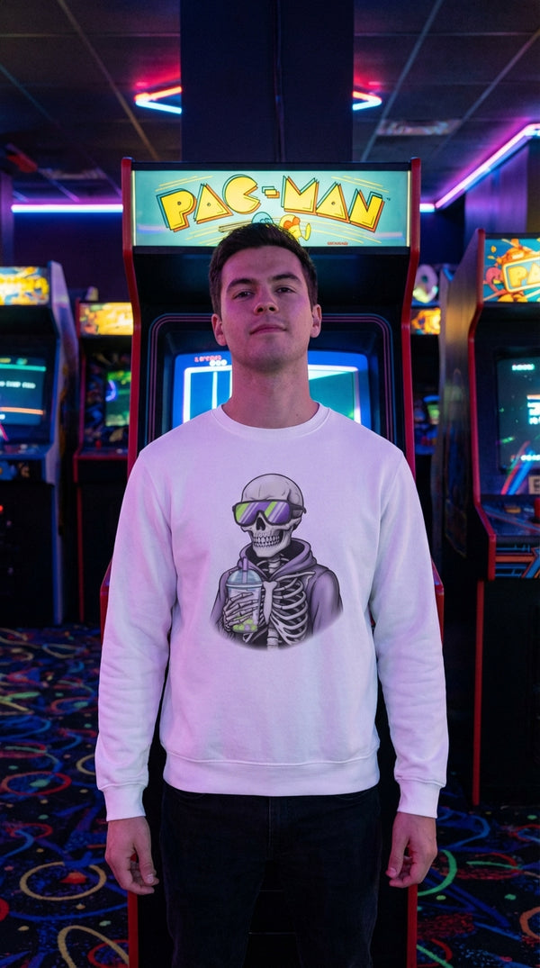 Boba Skeleton Organic Crewneck - Sustainable Y2K Streetwear - Arcade Champion in Neon Arcade Alley - 90s Retro Sustainable