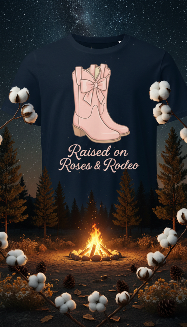 Raised on Roses & Rodeo T-Shirt – Pink Boots Western Tee - GOTS Certification Hero in Campfire at Night - 90s Retro Sustainable