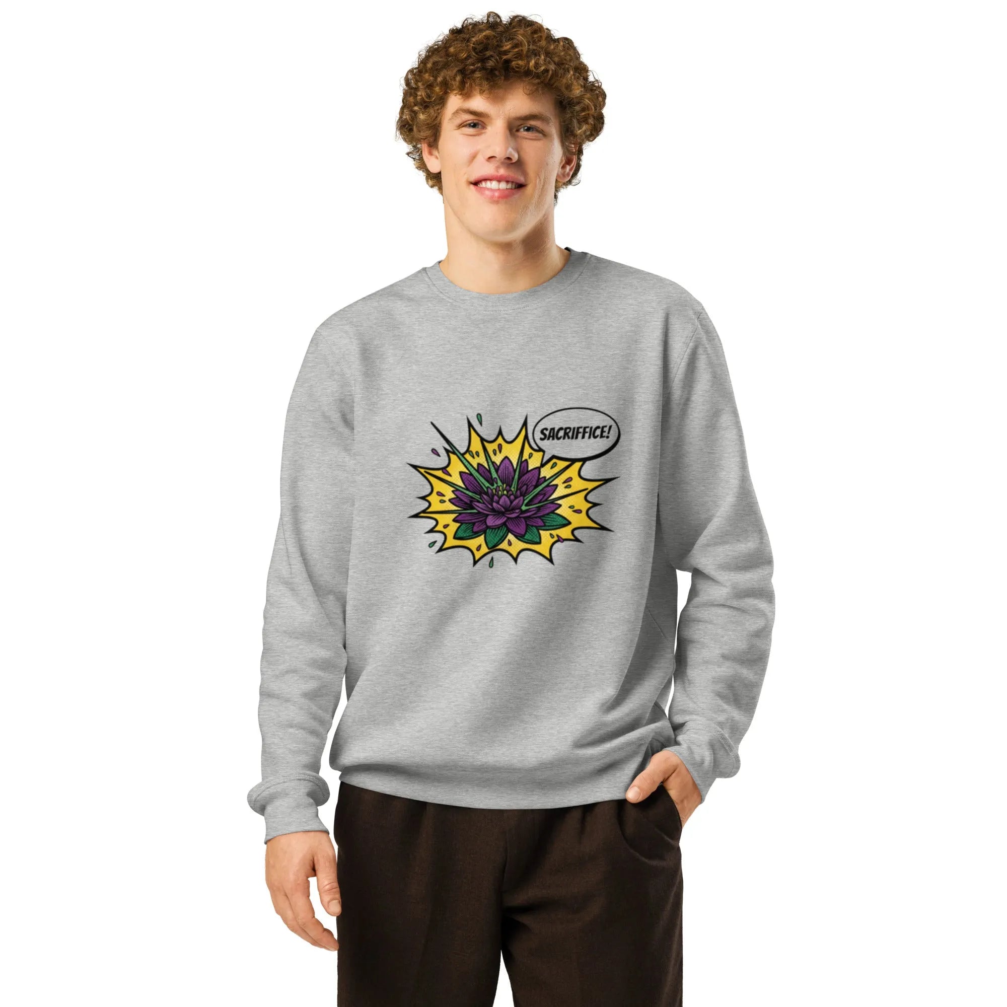 "Sacrifice" Pop-Art Organic Sweatshirt - Eco-Gamer Streetwear - Sustainable Organic Design | Detailed Alternative View