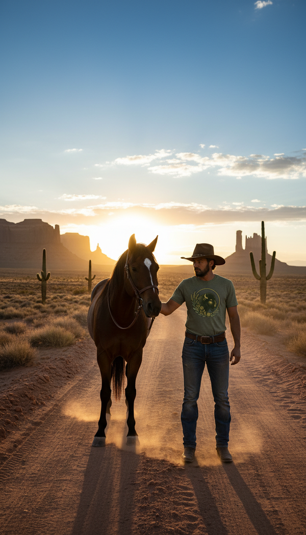 Golden Buffalo in Wreath Design – Western Organic Tee - Trail Rider in Desert Canyon - 90s Retro Sustainable