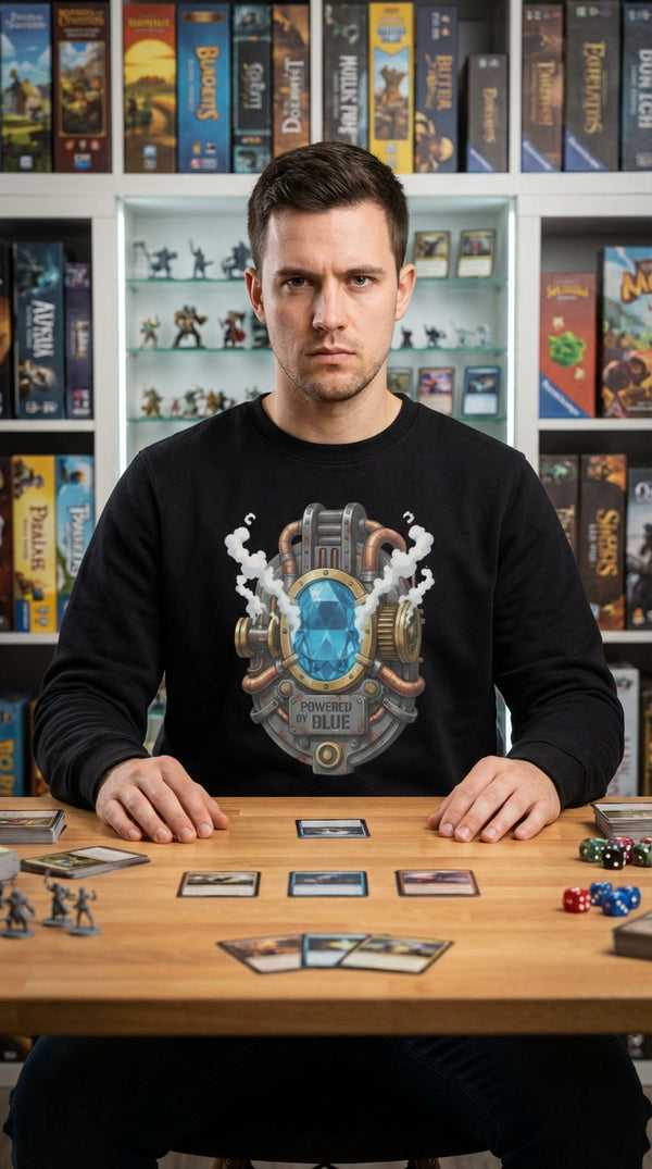 Steampunk: Powered by Blue - Organic Cotton Sweatshirt - CCG / Tabletop Gamer in Local Game Store - Mana Color Aesthetic