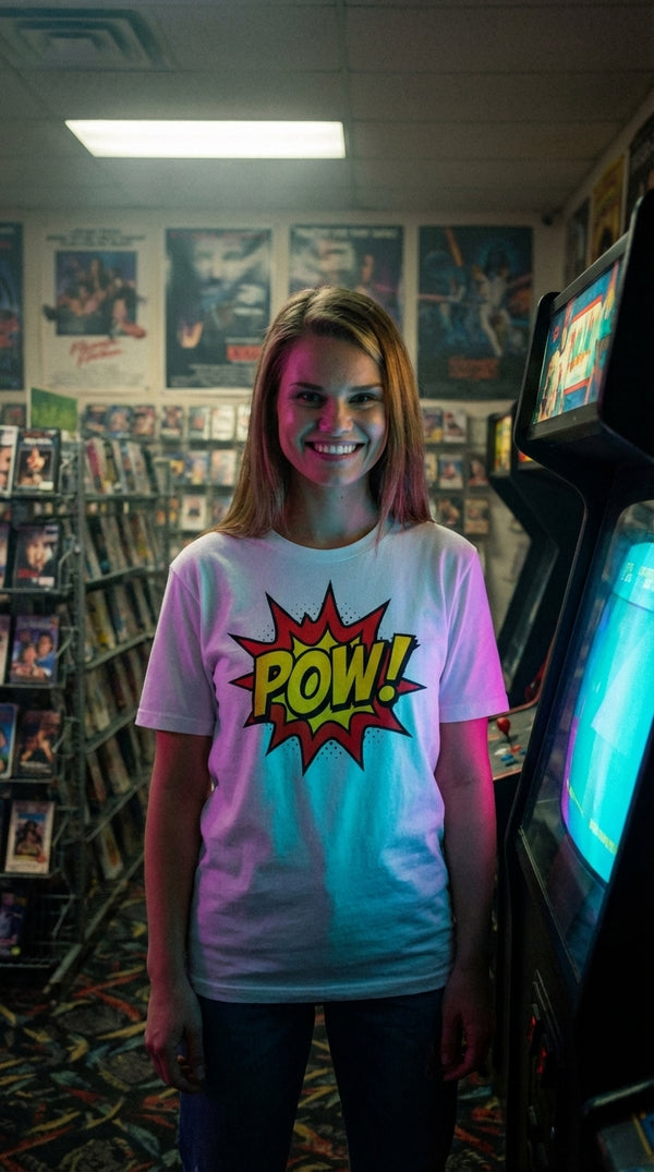 POW! Unisex Graphic Tee | Sustainable Organic Cotton - Arcade Champion in VHS Rental Store - Eco-Aesthetic Lifestyle