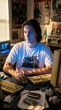 Mecha Spider Organic graphic tee worn in a 90s teenage bedroom — 90s retro sustainable (2)