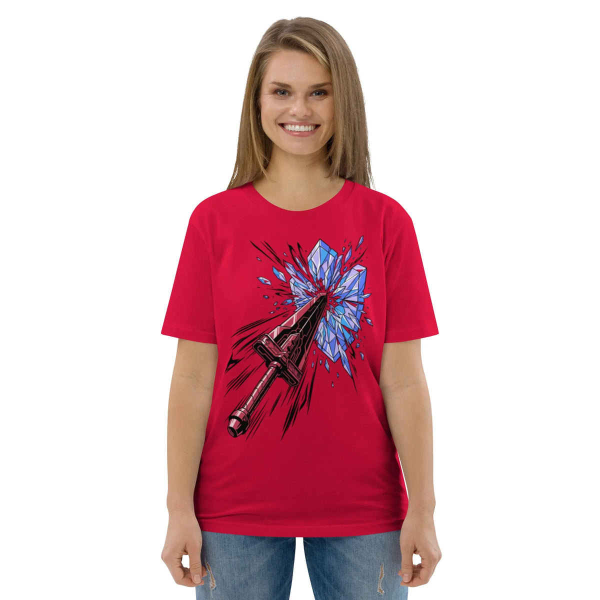 Crystal Shatter Sword Organic Tee | Minimalist Gamer Apparel - Sustainable Organic Design | Primary Mockup Front View