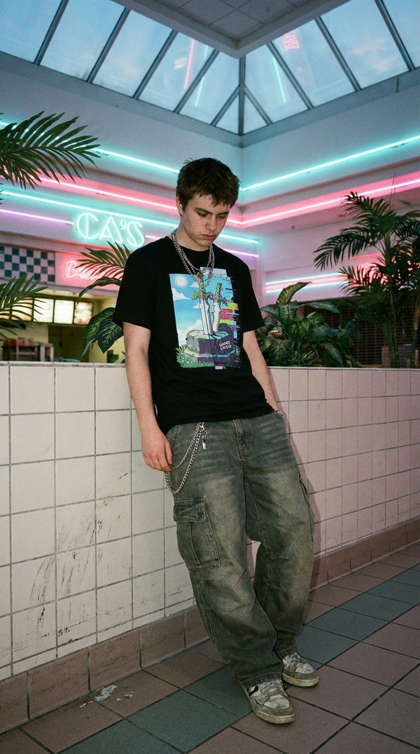 Pixel Blade Organic Cotton Tee - 90s Mall Goth in 90s Mall Food Court - Legendary Pull