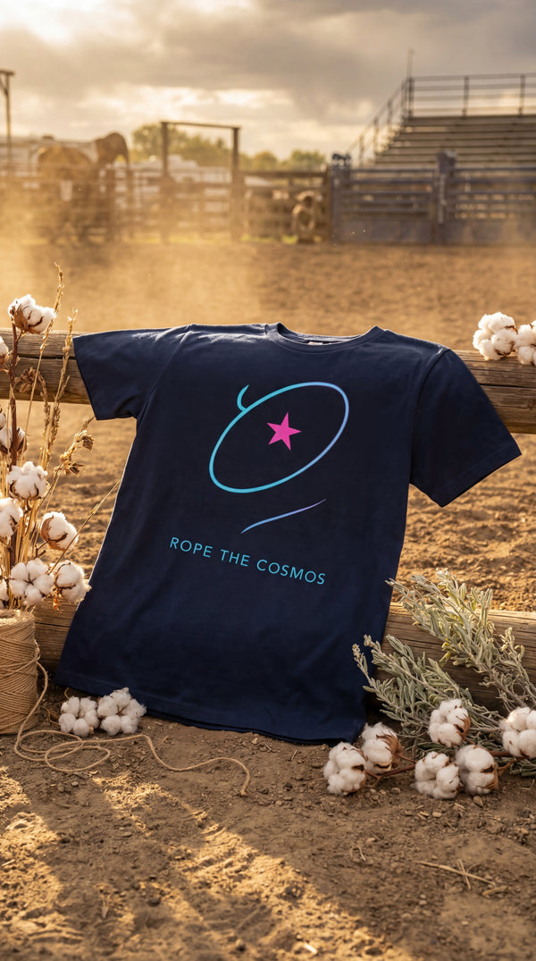 Rope the Cosmos – Organic Cotton Western Graphic Tee - GOTS Certification Hero in Rodeo Arena - 90s Retro Sustainable