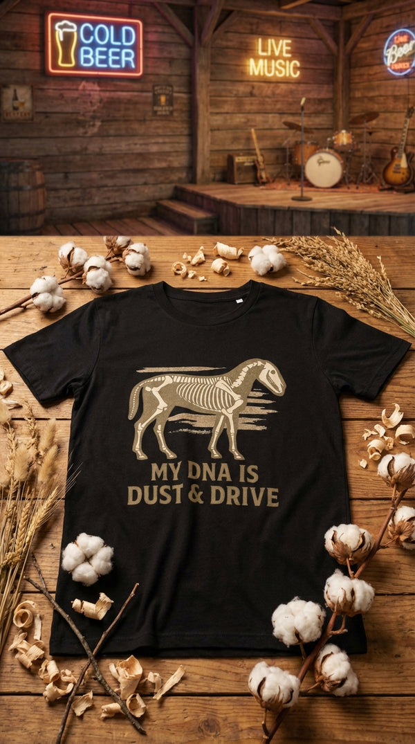 Organic Cotton T‑shirt – My DNA Is Dust & Drive - GOTS Certification Hero in Honky Tonk Bar - 90s Retro Sustainable