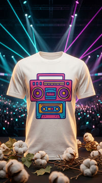 Organic Cotton Retro Boombox & Cassette Tee - GOTS Certification Hero in Esports Arena - Eco-Aesthetic Lifestyle