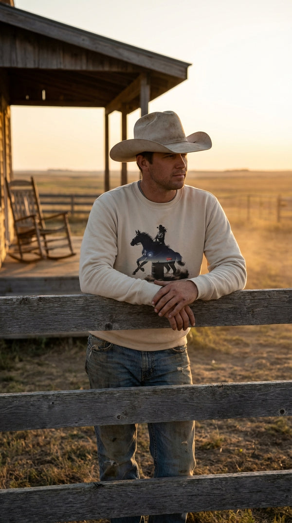 Midnight Bronco Organic Cotton Sweatshirt - Modern Rancher in Ranch Porch - Eco-Aesthetic Lifestyle