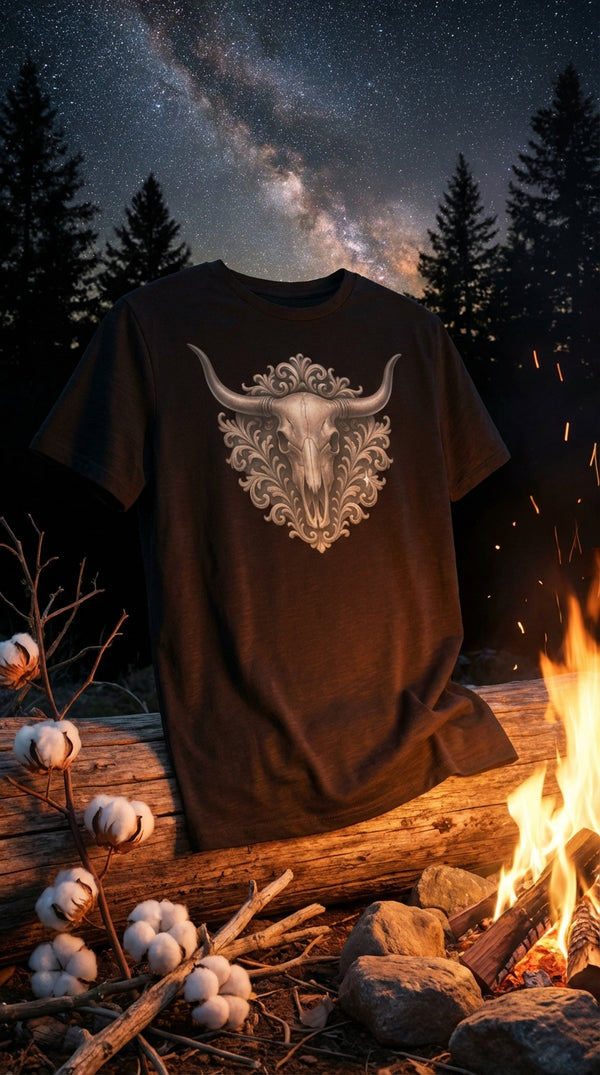 Ornate Longhorn Skull Organic Cotton T-Shirt - GOTS Certification Hero in Campfire at Night - 90s Retro Sustainable