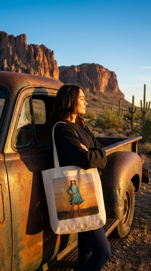 California Cowgirl Chic Organic Cotton Tote Bag - Sunset Western Fashion Eco-Friendly Shopper - Pickup Truck Lean in Desert Canyon - Eco-Aesthetic Lifestyle