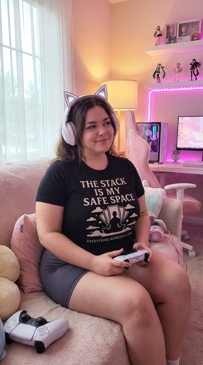 "The Stack Is My Safe Space" Organic graphic tee, editorial portrait