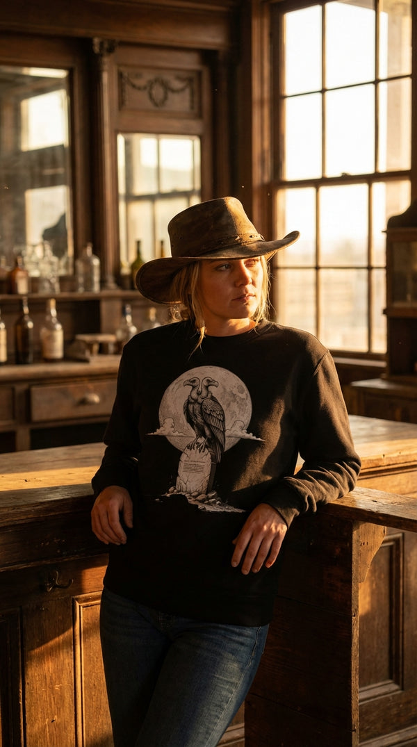 Midnight Vulture Tombstone Organic Sweatshirt - Cowgirl Model in Saloon Interior - Eco-Aesthetic Lifestyle