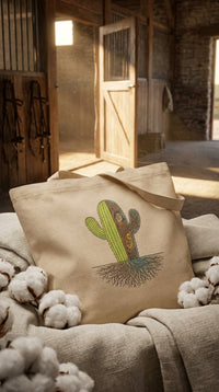 Saguaro Cross Section Desert Owl Organic Cotton Tote Bag - GOTS Certification Hero in Horse Stable - Eco-Aesthetic Lifestyle