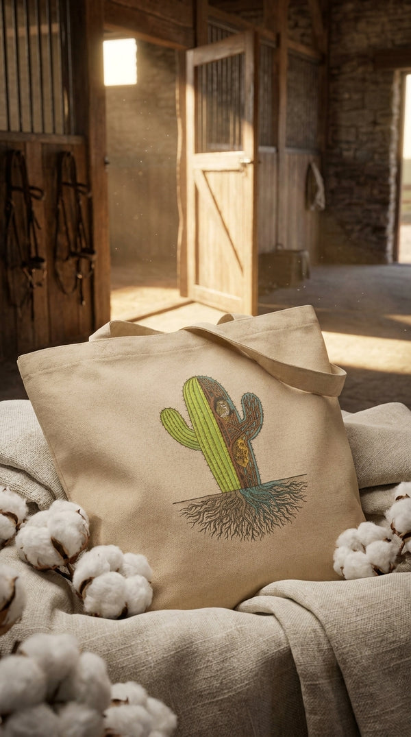 Saguaro Cross Section Desert Owl Organic Cotton Tote Bag - GOTS Certification Hero in Horse Stable - Eco-Aesthetic Lifestyle