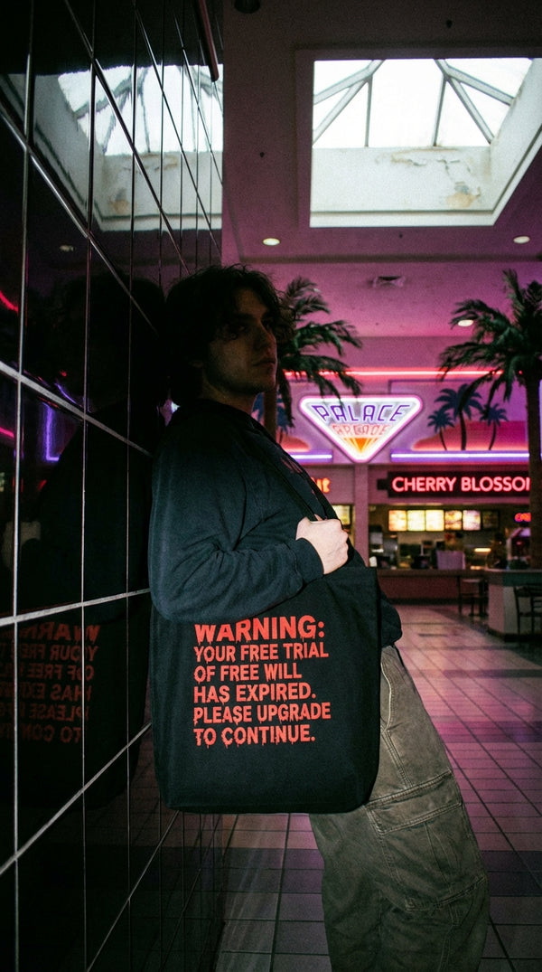 Organic Cotton 'Free Will Expired' Tote Bag - 90s Mall Goth in 90s Mall Food Court - GenZ Ethical Hype