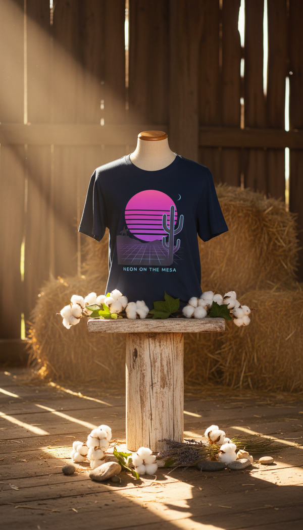 Neon on the Mesa – Western Organic Cotton T-Shirt - GOTS Certification Hero in Rustic Barn - 90s Retro Sustainable
