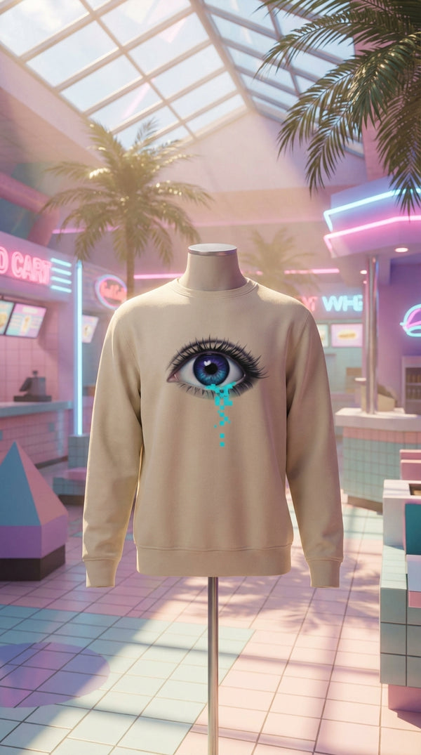 Digital Glitch Eye Organic Cotton Sweatshirt - Product Focus in 90s Mall Food Court - 90s Grunge Revival