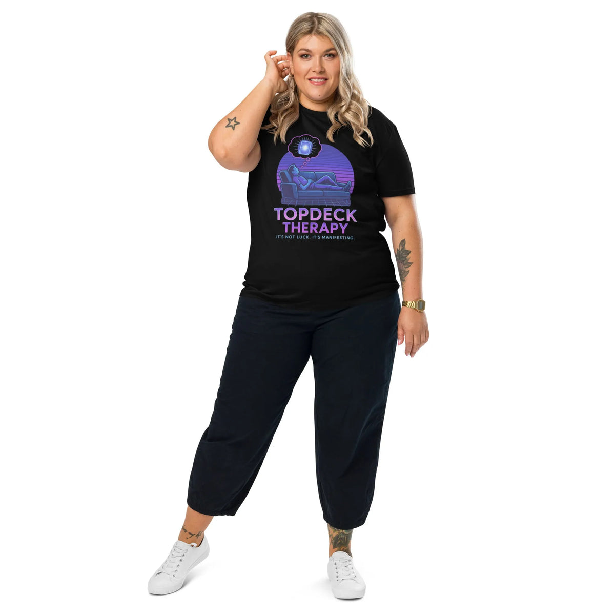 Neon Dreams: Organic Topdeck Therapy Tee – Sustainable Gamer Streetwear - Sustainable Organic Design | Primary Mockup Front View