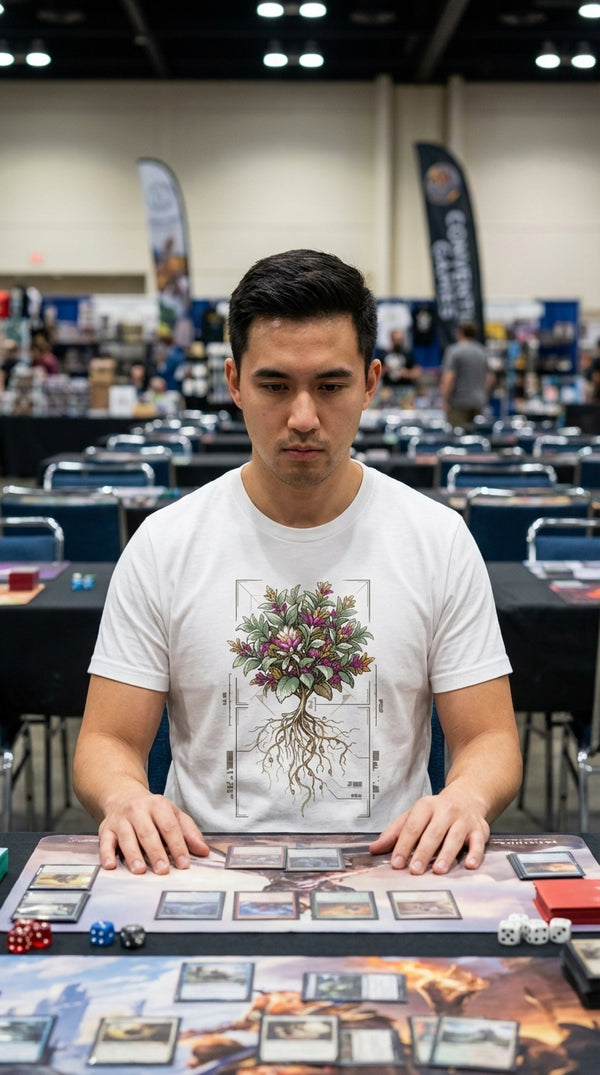 Retro Pixel Botanical Scan Organic Cotton Gaming T-Shirt - CCG / Tabletop Gamer in Tournament Hall - Mainboard Staple