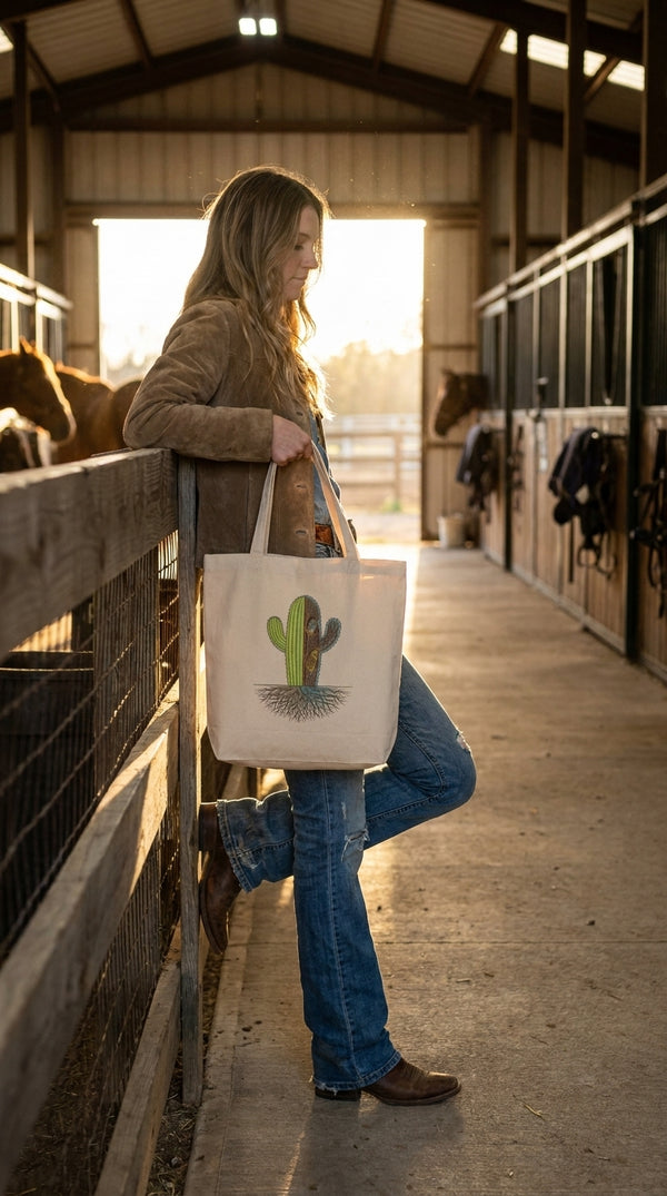 Saguaro Cross Section Desert Owl Organic Cotton Tote Bag - Cowgirl Model in Horse Stable - Eco-Aesthetic Lifestyle