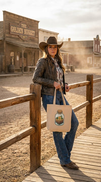Wild West Desert Terrarium Organic Cotton Tote Bag - Cowgirl Model in Western Town - Cinematic Showcase