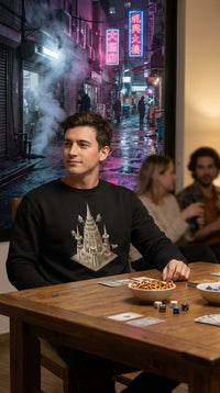 Sky Citadel Fantasy Organic Cotton Sweatshirt - Neon Plus Streamer in Cyberpunk Slum - Legendary Pull