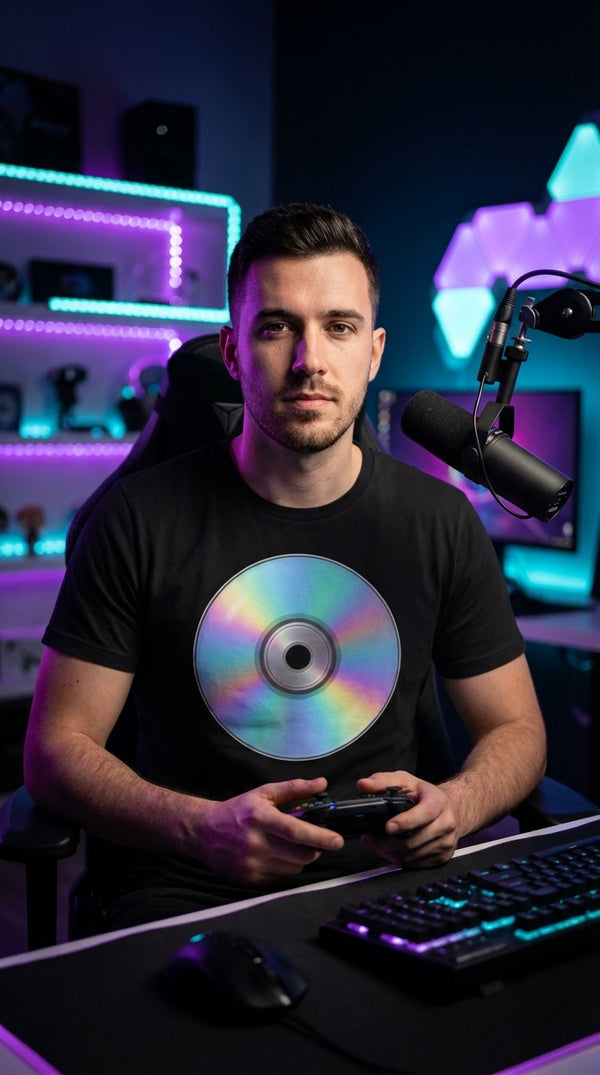 Retro Iridescent CD Graphic T-Shirt - Male Streamer in RGB Gaming Room - 90s Grunge Revival
