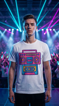 Organic Cotton Retro Boombox & Cassette Tee - Esports Pro in Esports Arena - Eco-Aesthetic Lifestyle