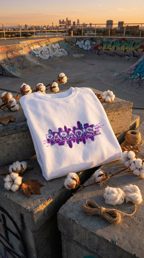 Paradise Synthwave Organic Cotton Sweatshirt - Hero in Rooftop Skatepark - 90s Retro Sustainable