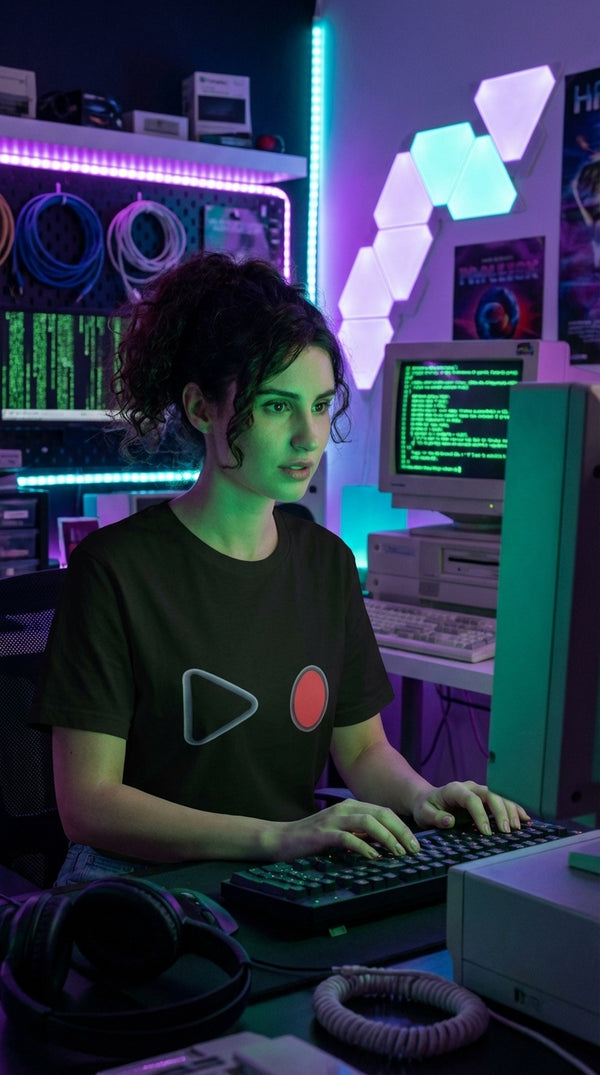 Play And Record Symbols Organic Cotton T-Shirt - 90s Retro Hacker in RGB Gaming Room - 90s Grunge Revival