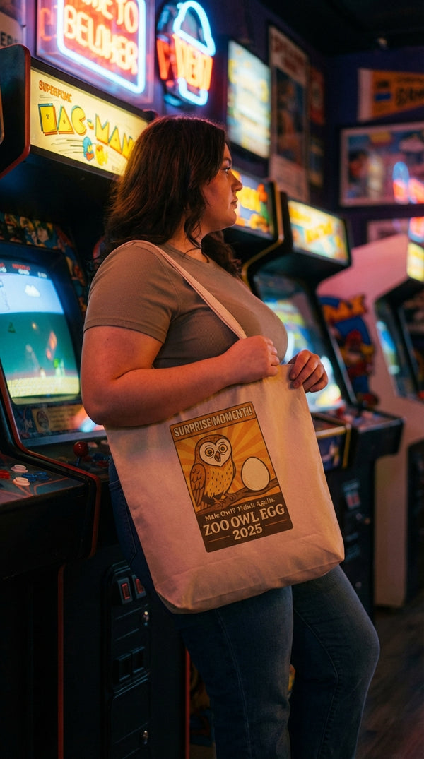 Organic Cotton Tote - Owl Egg Surprise 2025 - Retro Plus Arcade in Neon Arcade Alley - 90s Retro Sustainable