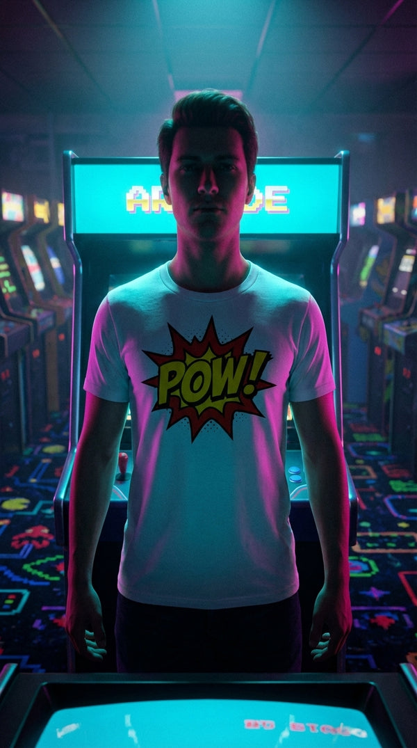 POW! Unisex Graphic Tee | Sustainable Organic Cotton - Arcade Champion in Neon Arcade Alley - Eco-Aesthetic Lifestyle