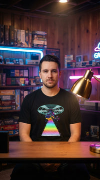 Synthwave Helicopter Graphic GOTS-certified organic cotton tee worn in a cozy game den — 90s retro sustainable