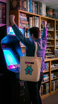 Eco Love Monster Tote Bag - Arcade Champion in Local Game Store - Eco-Aesthetic Lifestyle