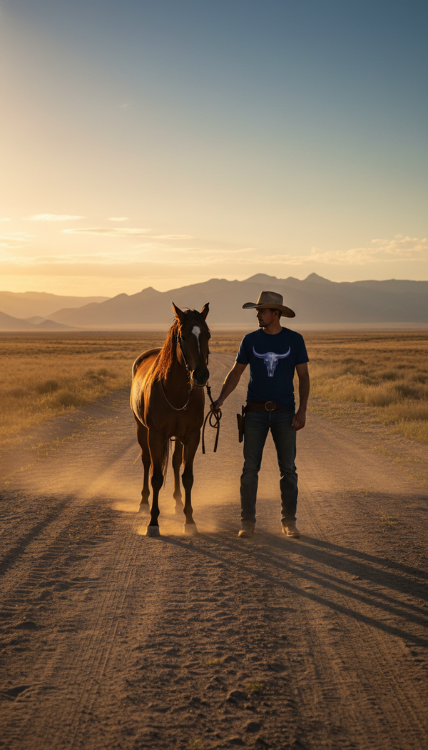 Chromatic Longhorn Skull Organic Cotton T-Shirt - Trail Rider in Open Range - 90s Retro Sustainable
