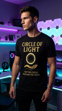 Organic Cotton T-Shirt Unisex Circle of Light Empowerment - Male Model in RGB Gaming Room - Mana Color Aesthetic