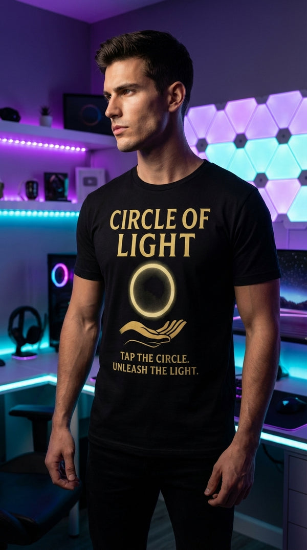 Organic Cotton T-Shirt Unisex Circle of Light Empowerment - Male Model in RGB Gaming Room - Mana Color Aesthetic