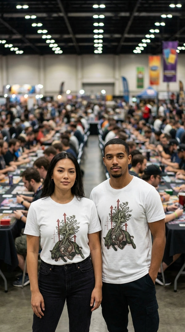 Market Velocity Gamer GOTS-certified organic cotton tee worn in a tournament hall — eco-aesthetic lifestyle