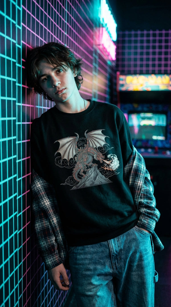 Steampunk Dragon Organic Cotton Crewneck Sweatshirt - 90s Mall Goth in Virtual Reality Grid - Legendary Pull