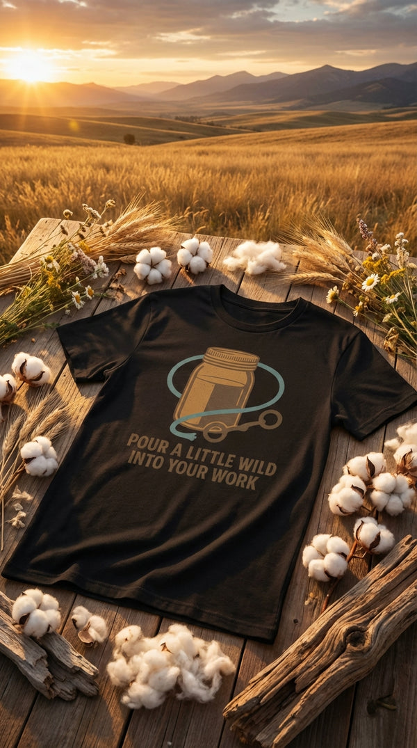 Organic Cotton T‑shirt – Rustic Spirit in a Jar - GOTS Certification Hero in Open Range - 90s Retro Sustainable